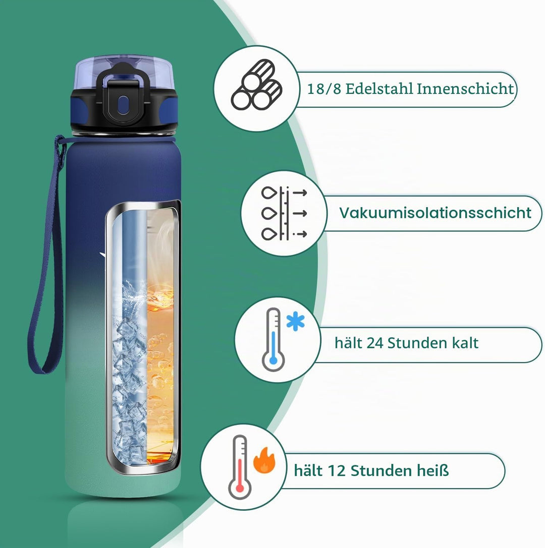 KollyKolla Trinkflasche Edelstahl, Thermosflasche 1L, BPA-Frei Isolierflasche, Auslaufsicher Thermos