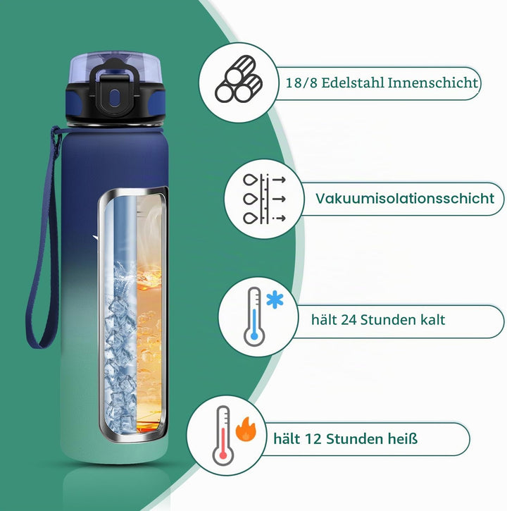 KollyKolla Trinkflasche Edelstahl, Thermosflasche 1L, BPA-Frei Isolierflasche, Auslaufsicher Thermos