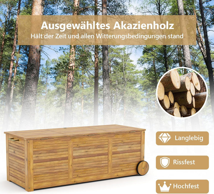 GIANTEX Auflagenbox Kissenbox Akazien Holz 182L, Gartenbox Aufbewahrungsbox mit Rollen, Kissentruhe