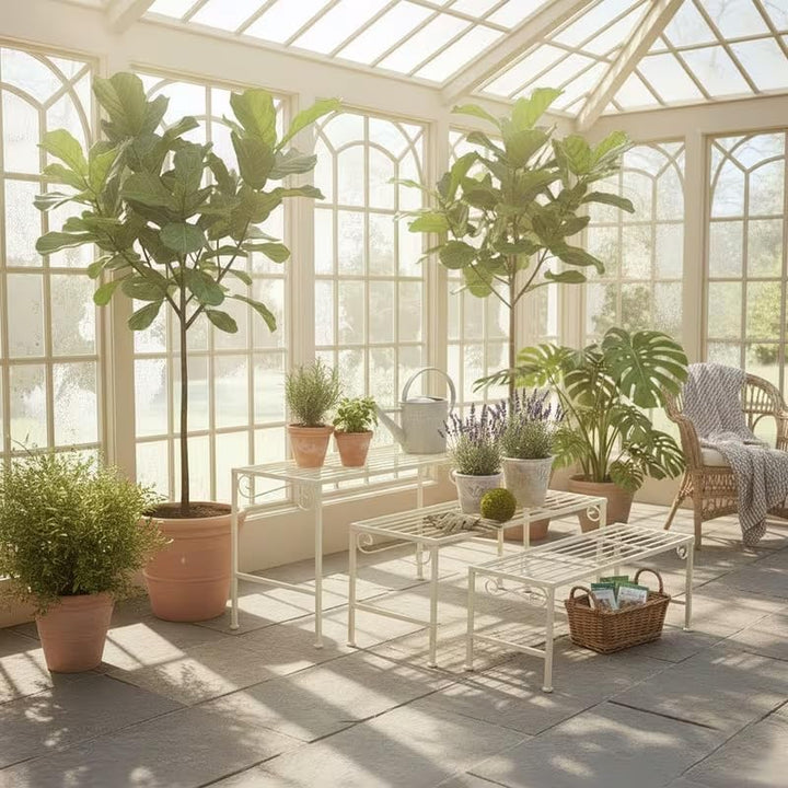 PrimoLiving Metall XL Blumentreppe 3-teilig creme - Klappbare 3-stufige Blumenbank Metall-Bank Blume