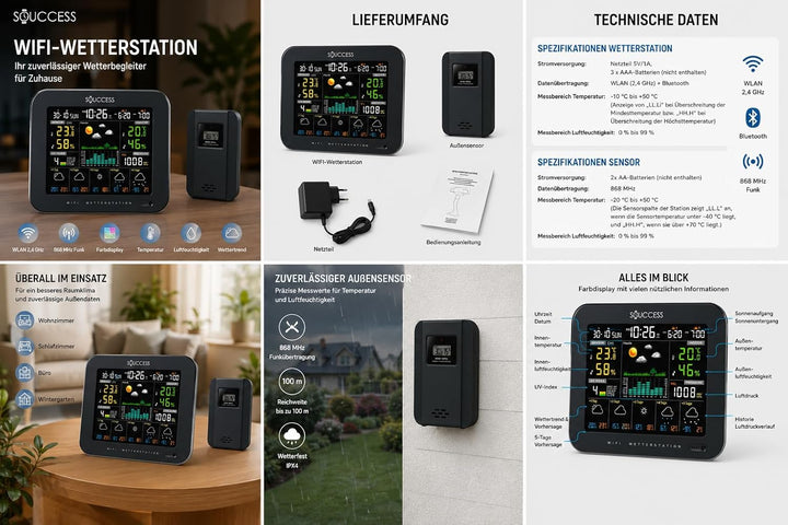 SOUCCESS Smarte Wetterstation Deluxe mit Aussensensor – WiFi Funkwetterstation mit Tuya Smart Life A