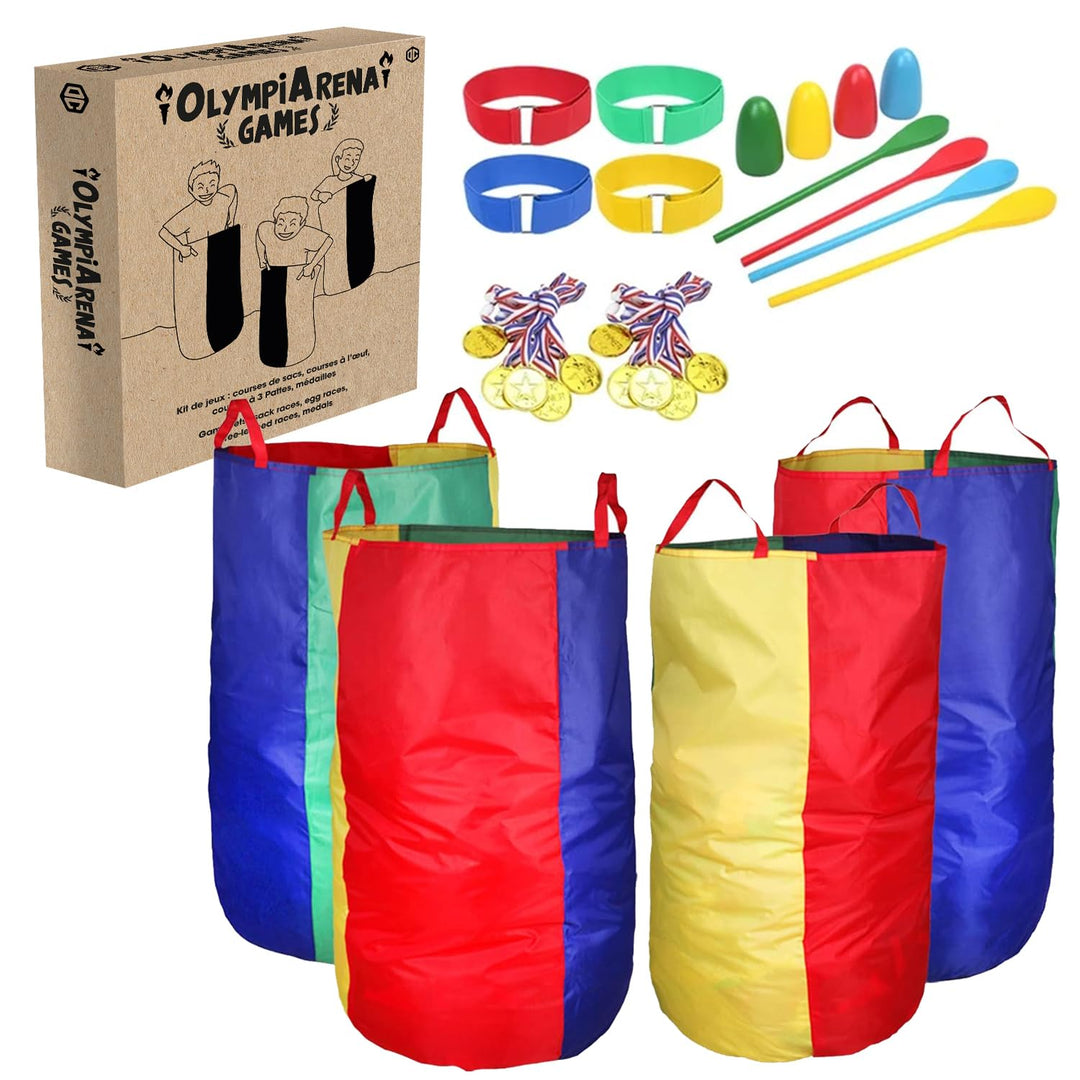 OlympiArena® Kirmes Spiele Kinder | Sackhüpfen, Eierlaufen, 3-Bein-Rennen | 12 Medaillen inklusive |