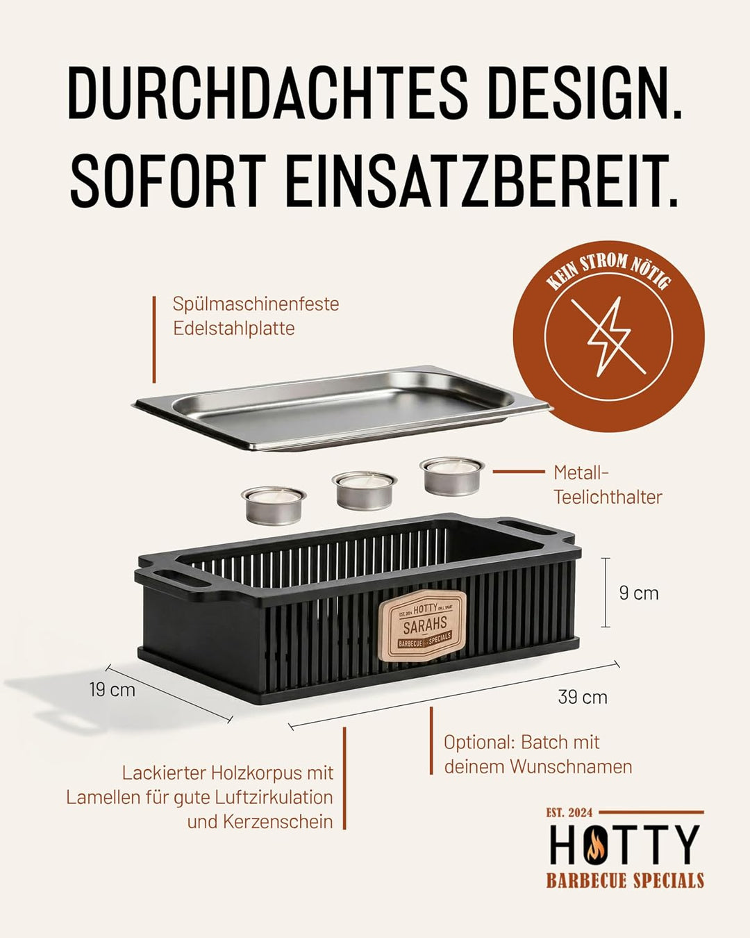 HOTTY Legacy Warmhalteplatte fürs Grillen – BBQ-Design Speisenwärmer mit personalisierbarem Batch –