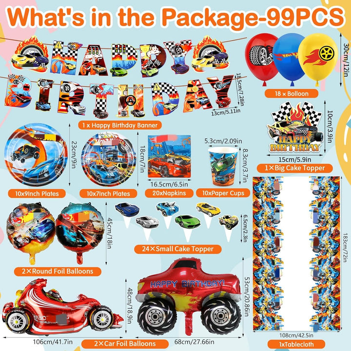Geburtstag Party Deko Geschirr Ballons Rennauto- 99Pcs Car Luftballons Pappteller Tischdecke Banner