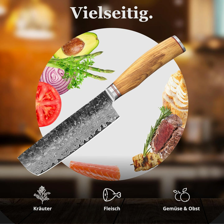 Wakoli Olive HS Serie Damastmesser Nakirimesser 17 cm Klinge extrem scharf aus 67 Lagen I Damast Pro