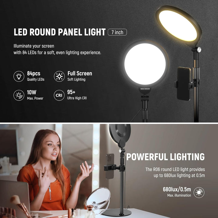 NEEWER Basic 7" Selfie Licht Set, Tisch Handy Ringleuchte, 10W 3000K-6500K Dimmbares Vollbild Ring L