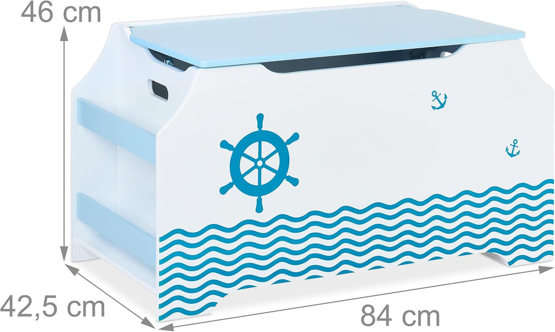 Relaxdays Spielzeugtruhe Seemann, Spielzeugkiste mit Deckel, HBT: 46 x 84 x 42,5 cm, Bücherfach, Spi