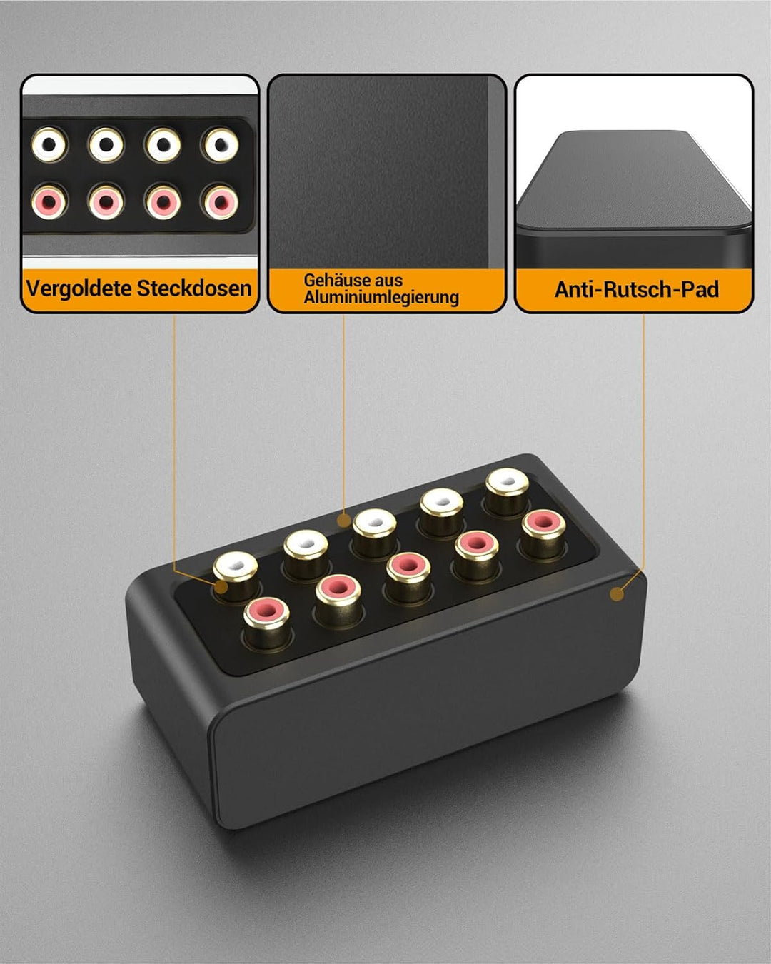 Cubilux AS-R1 RCA Splitter Box, 4 Kanal Stereo Cinch Splitter, passiver Audio Cinch Splitter, herges