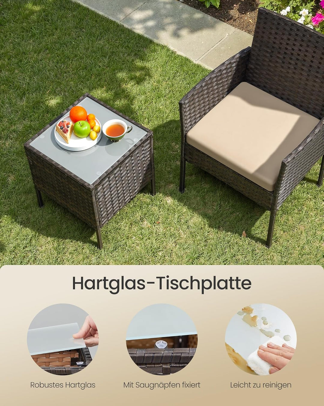 SONGMICS Balkonmöbel, Gartenmöbel-Set, aus PE-Polyrattan, Lounge-Set, Tisch und 2 Stühle, Terrassenm