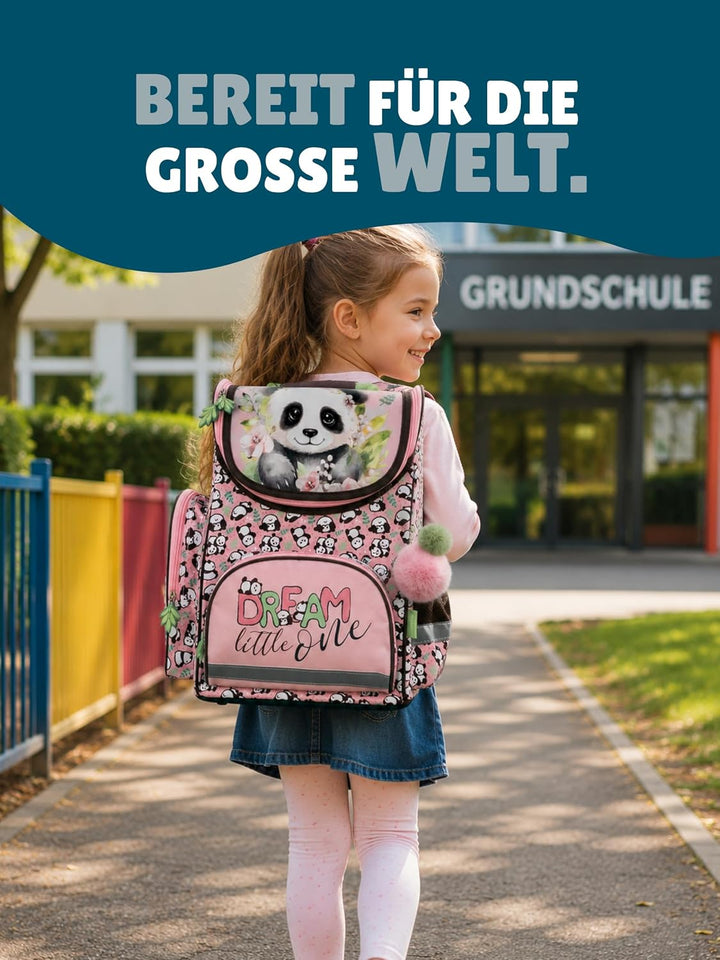 Familando - Schulranzen Set - 8-teilig mit Federmappe - Panda Bär - Ergonomisch, stabil &amp; mit gepols