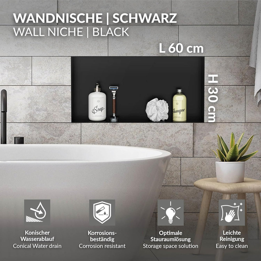 LuxeBath Wandnische aus Edelstahl, 60x30x10 cm, Schwarz, Duschnische, Randlos, Einbauregal, Flexible