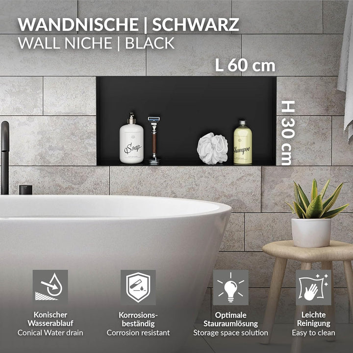 LuxeBath Wandnische aus Edelstahl, 60x30x10 cm, Schwarz, Duschnische, Randlos, Einbauregal, Flexible
