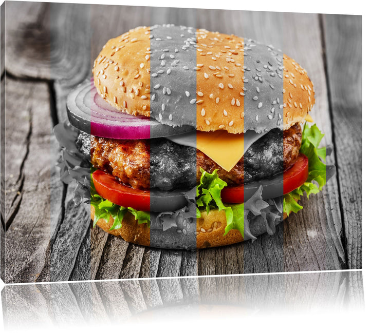 Saftiger Cheeseburger schwarz/weiss Format: 100x70 cm auf Leinwand, XXL riesige Bilder fertig gerahm