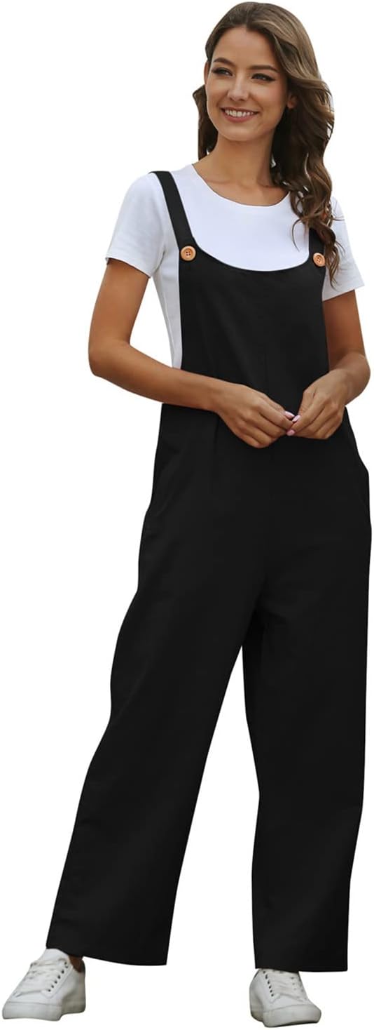 Latzhose Damen Sommer Locker Lang Weite Hose Overall Jumpsuit mit Taschen L Schwarz, L Schwarz