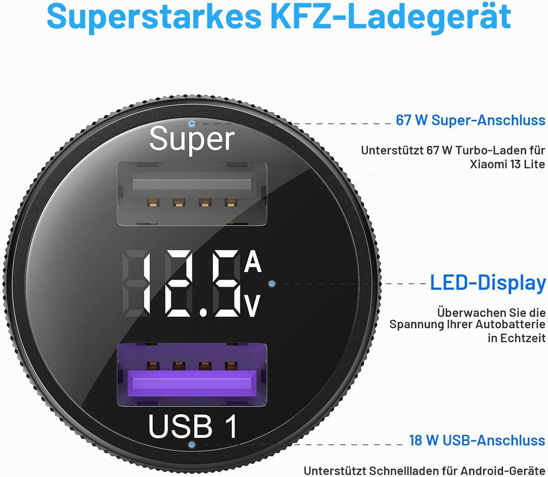 67W Zigarettenanzünder USB Ladegerät für Xiaomi Turbo Charge,USB Kfz Ladegerät Autoladegerät Dualpor