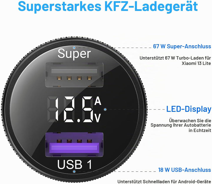 67W Zigarettenanzünder USB Ladegerät für Xiaomi Turbo Charge,USB Kfz Ladegerät Autoladegerät Dualpor
