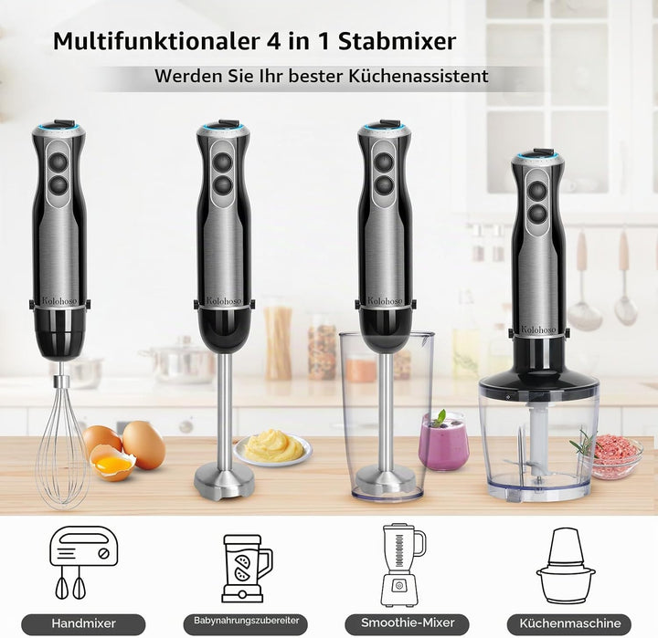 1500W Stabmixer, 20 einstellbaren Geschwindigkeiten 4 in 1 Pürierstab TURBO-Modi, Professioneller, S