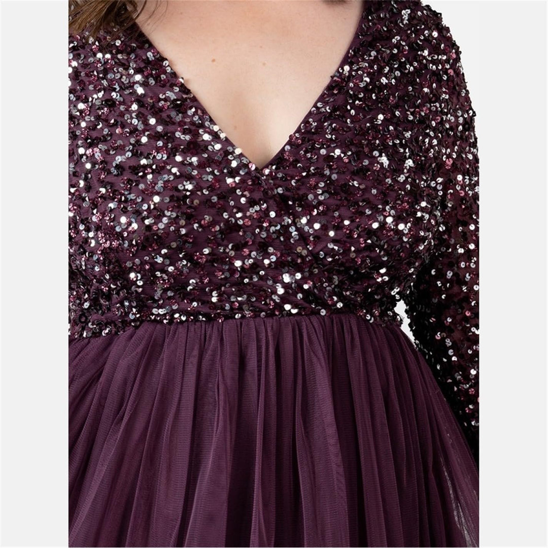 Maya Deluxe Damen Ladies Maxi Dress Women with Long Sleeves V Neckline Plunging Sequin Embellished f