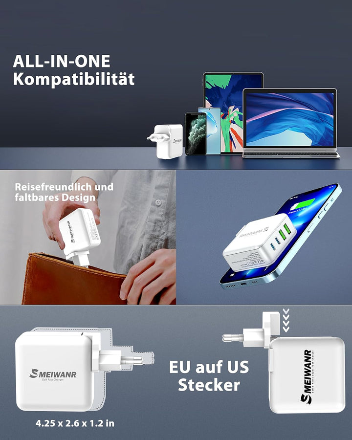 100 W USB C Ladegerät, GaN III Schnellladegerät USB C Netzteil 4 Ports, GaN Ladegerät USB C faltbare