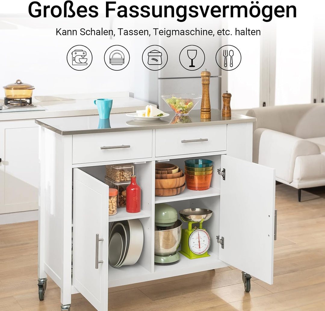 SoBuy FKW108-W Design Küchenwagen mit Edelstahlplatte Kücheninsel mit Seitenregal Küchenschrank Roll