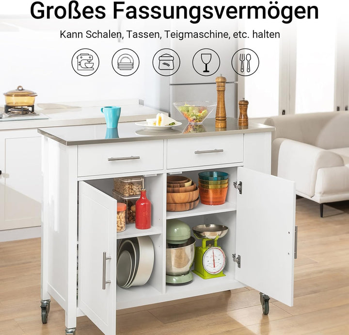 SoBuy FKW108-W Design Küchenwagen mit Edelstahlplatte Kücheninsel mit Seitenregal Küchenschrank Roll