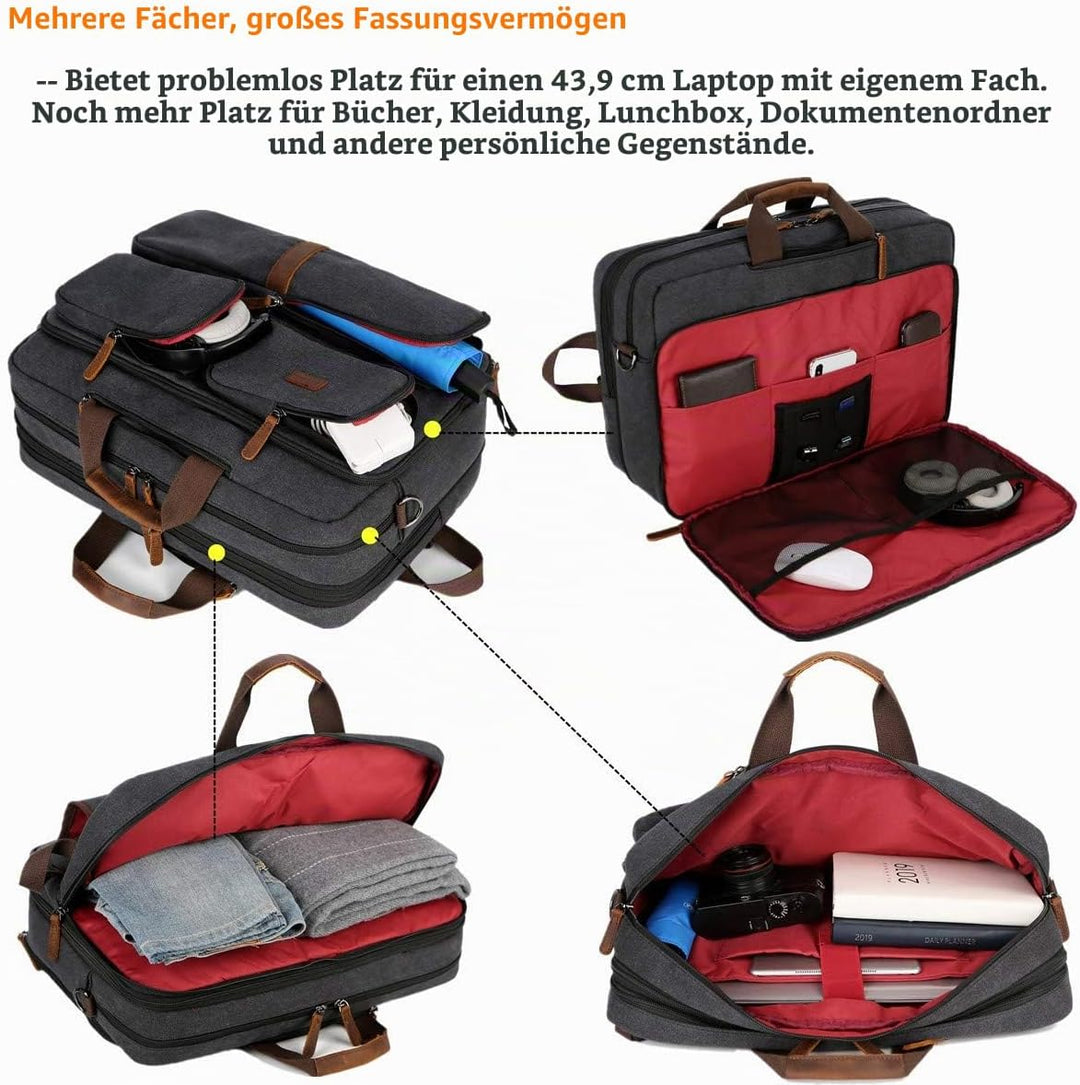 Baosha 3 in 1 Cabrio Leinwand Leder Handtasche Laptop Rucksack Aktentasche Passt 15.6 17.3 Zoll Lapt