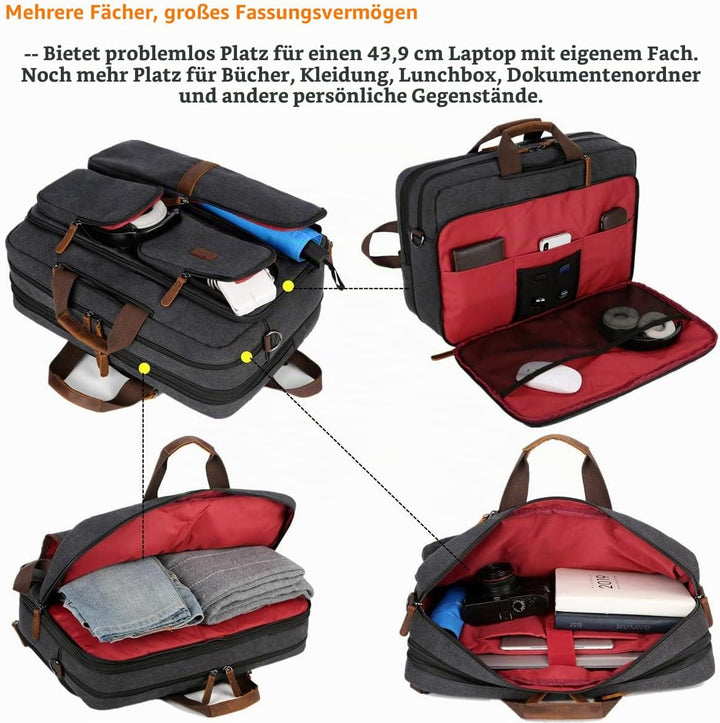 Baosha 3 in 1 Cabrio Leinwand Leder Handtasche Laptop Rucksack Aktentasche Passt 15.6 17.3 Zoll Lapt