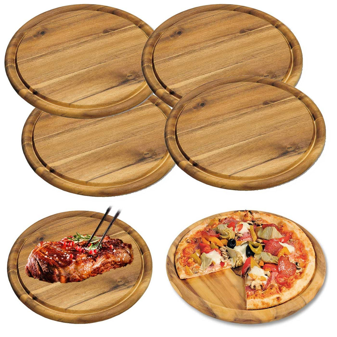 LS-LebenStil 4x Holz Fleischteller 25cm Rund FSC Akazie - Set - 4 Stück - Schneidebrett mit Saftrill