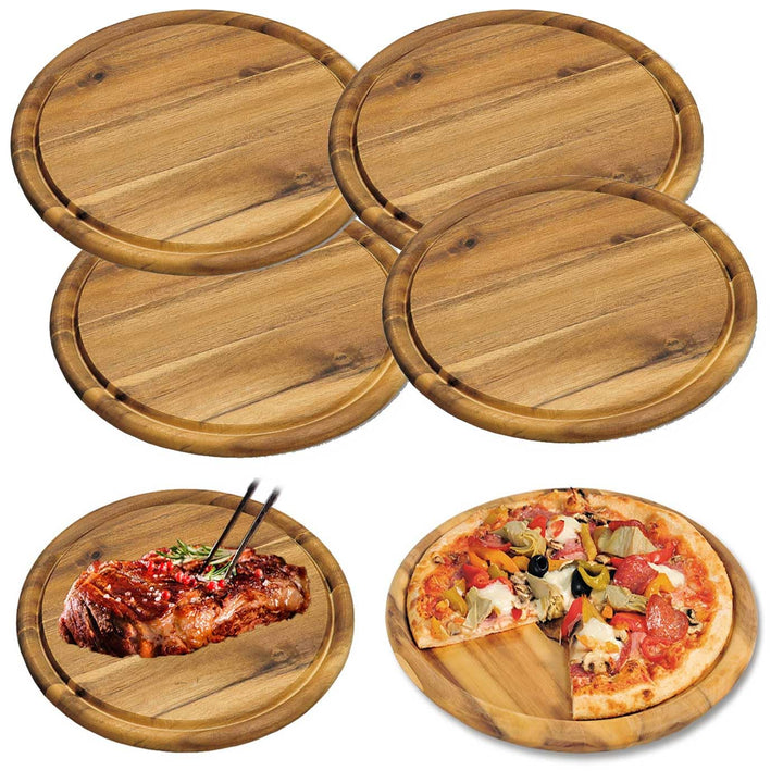 LS-LebenStil 4x Holz Fleischteller 25cm Rund FSC Akazie - Set - 4 Stück - Schneidebrett mit Saftrill