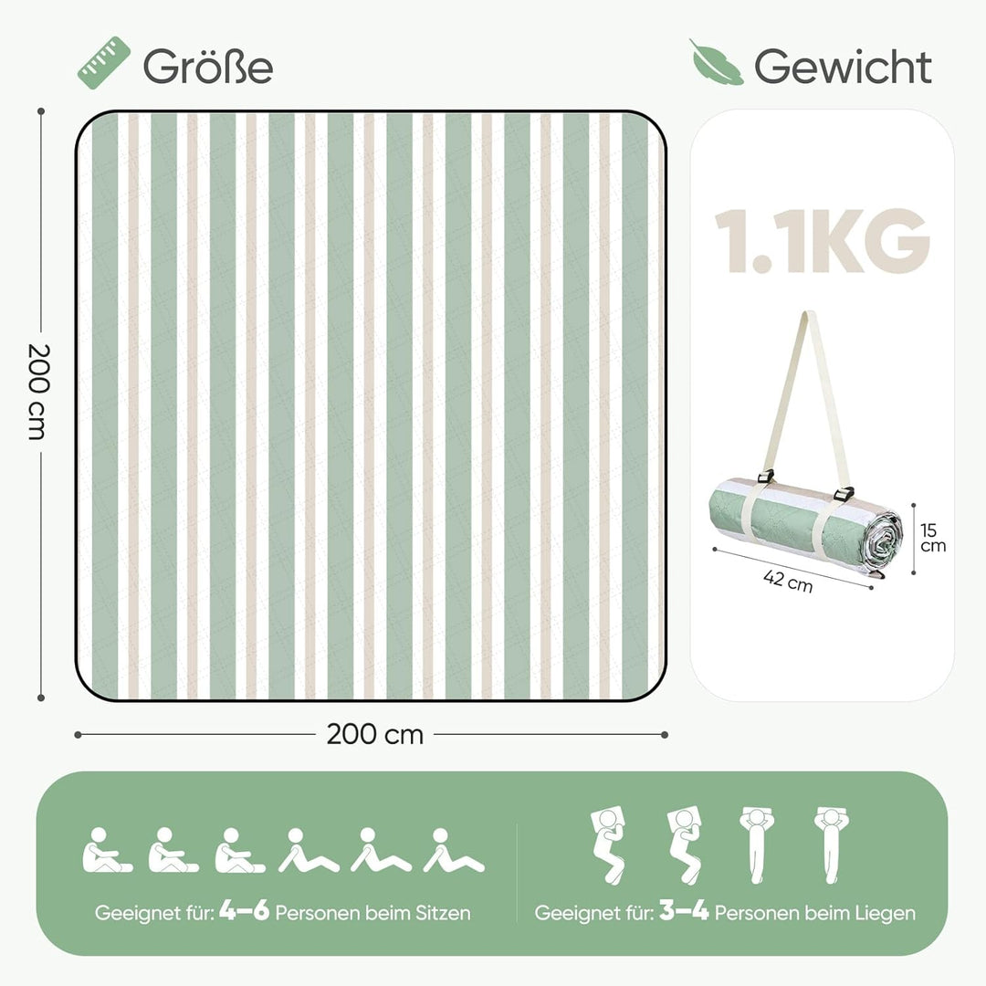 Sekey Picknickdecke Wasserdicht 200x200 cm, Stranddecke Sandfrei | Gepolstert, Dreischichtige Strukt