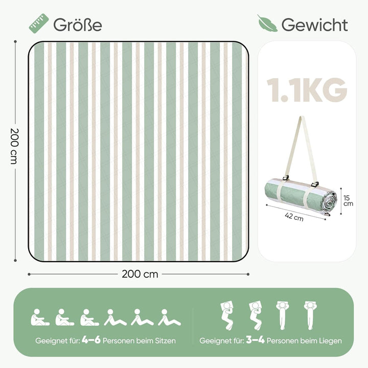 Sekey Picknickdecke Wasserdicht 200x200 cm, Stranddecke Sandfrei | Gepolstert, Dreischichtige Strukt