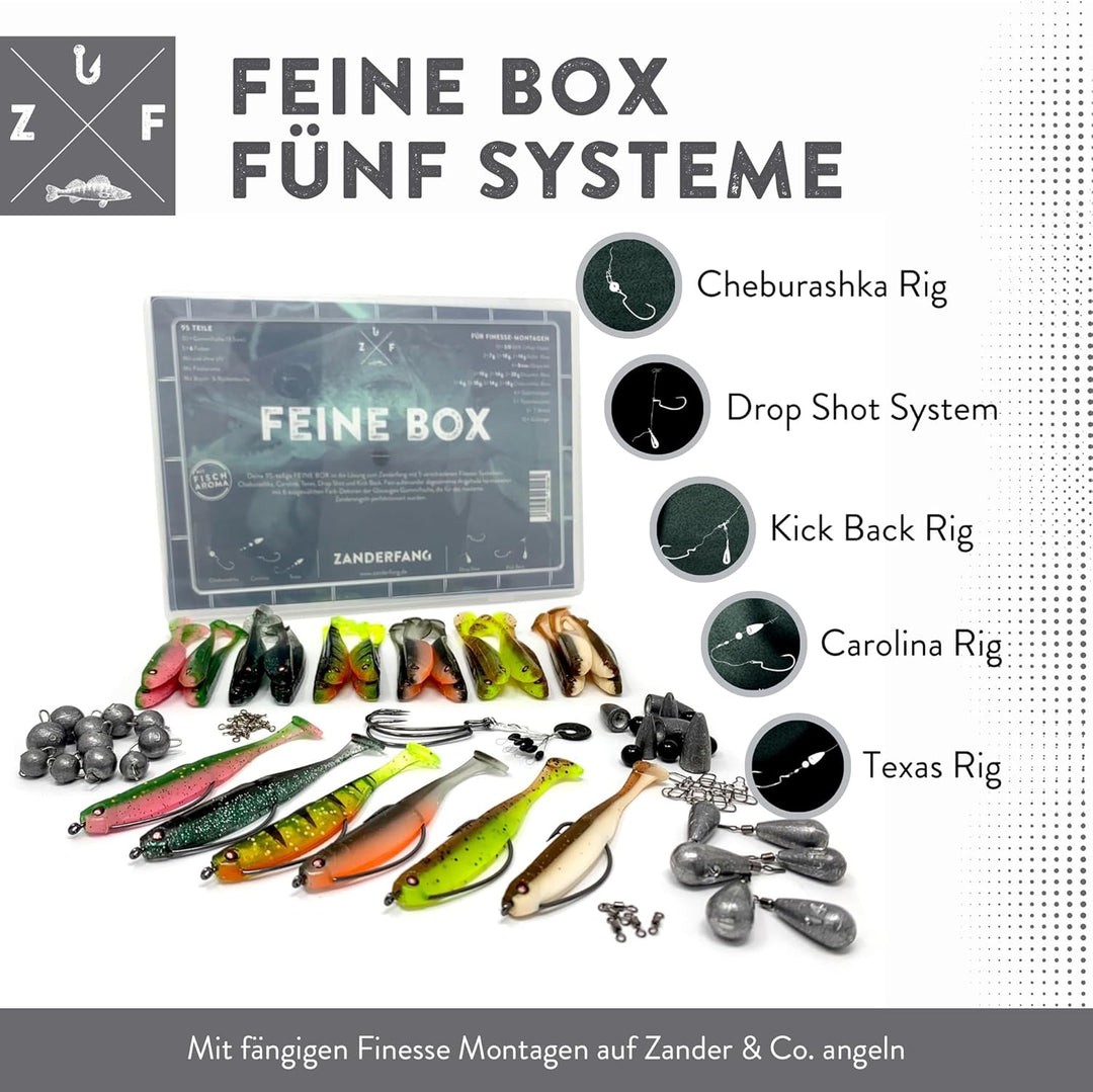 Zanderfang Finesse Angelset 95-teilig – Gummiköder Set mit 30 Gummifischen, Offset-Haken & Box – Dro