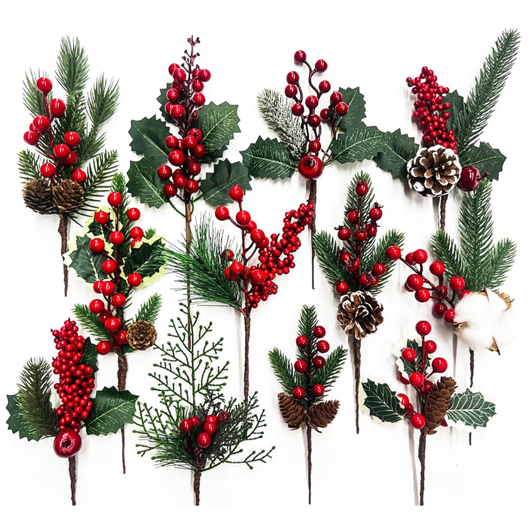 Weihnachten Künstliche Tannenzweige, 12 Stück Kleine künstliche Tannenzweige, mit Beeren und Tannenz