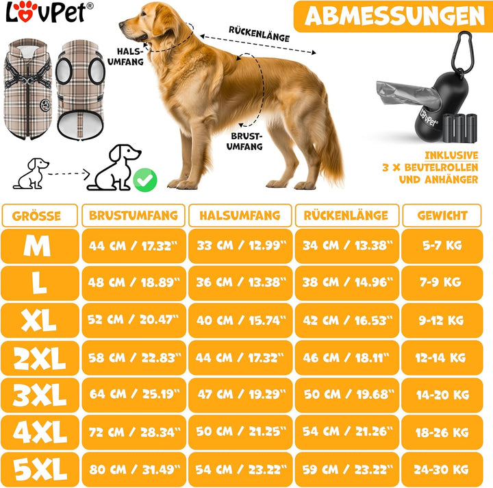 Hundejacke Hundemantel mit Geschirr, inkl. 45 Stück Kotbeutel + Spender, Hunde Winterweste gefüttert