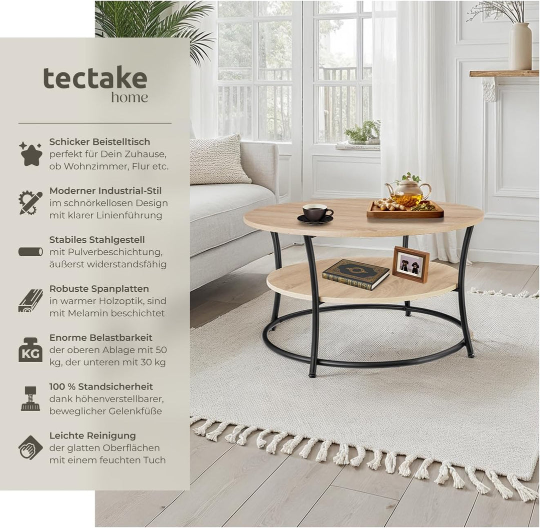 tectake® Tisch rund, 2 Ablagen, Wohnzimmertisch Ø 80, Couchtisch mit Stauraum, Beistelltisch Holz un