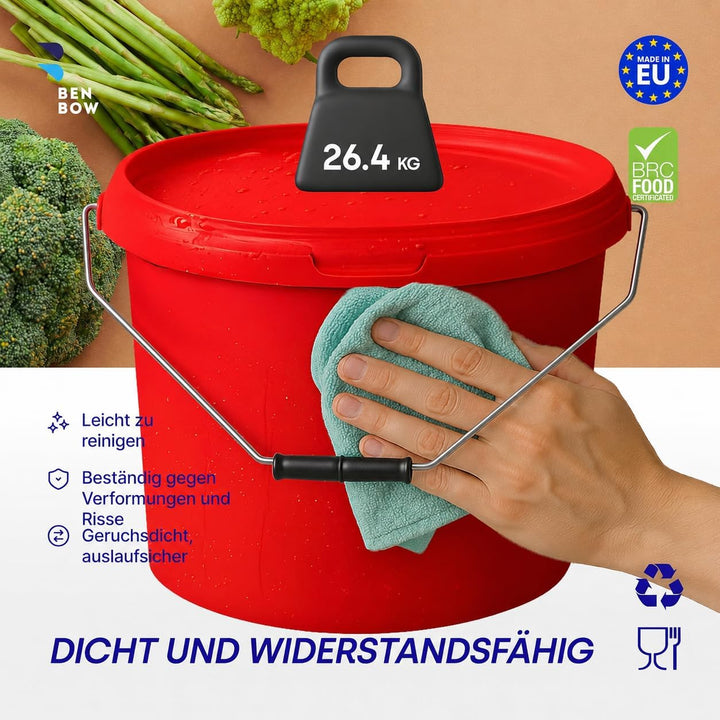 BenBow Eimer mit Deckel 10l rot 20x 10 Liter - lebensmittelecht, stabil, luftdicht, auslaufsicher, g