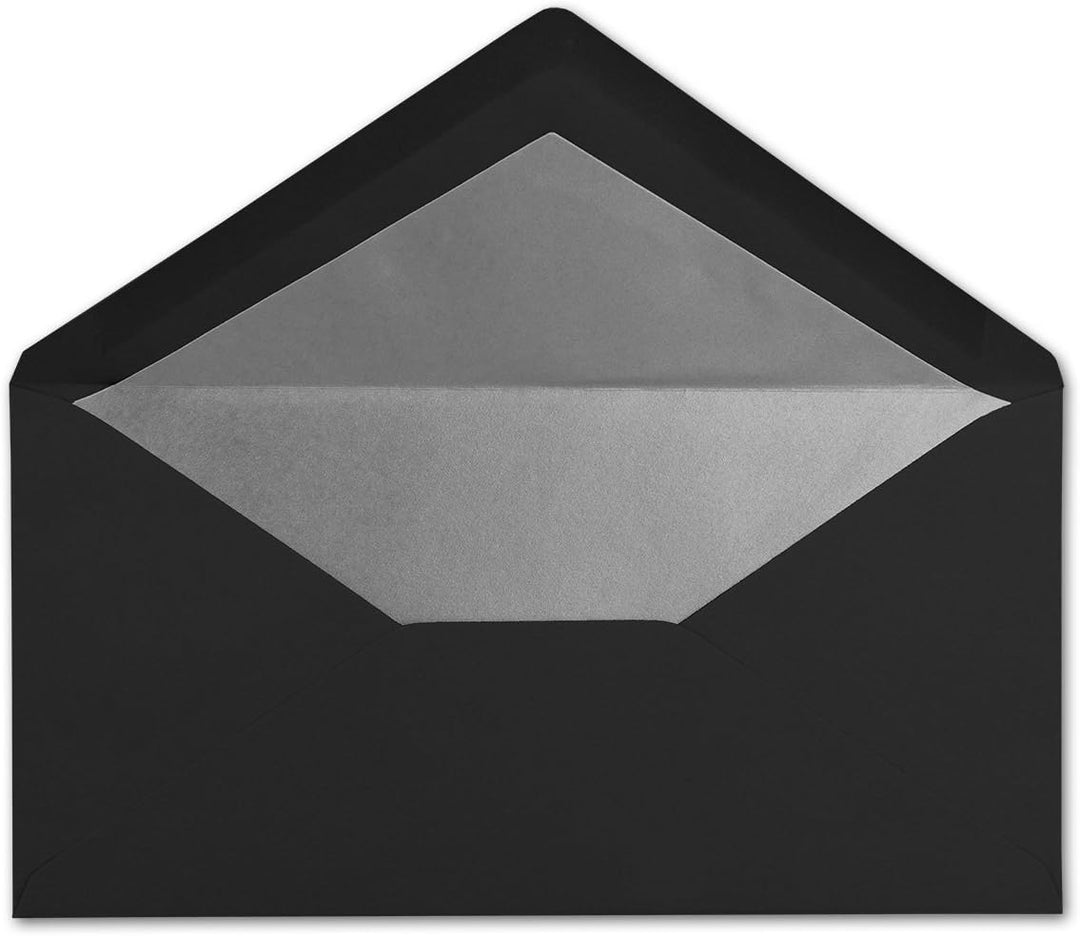 75 Brief-Umschläge DIN Lang - Schwarz mit Silber-Metallic Innen-Futter - 110 x 220 mm - Nassklebung
