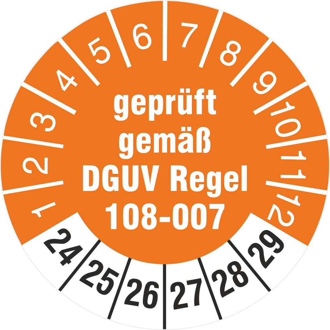 500 Prüfetiketten 30 mm Lagereinrichtungen geprüft DGUV Regel 108-007 2024-2029 Prüfaufkleber Prüfpl