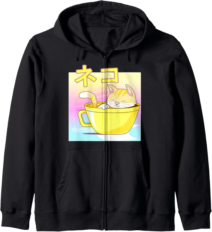 Japanische Katze in Tasse, Kawaii-Design, 80er / 90er Jahre Kapuzenjacke