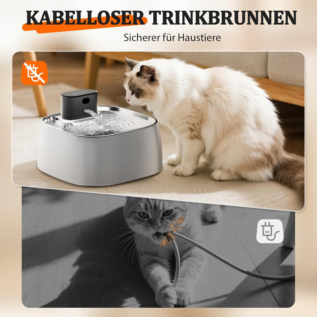 ROTTOGOON Katzenbrunnen Kabelloser Trinkbrunnen aus Edelstahl für Katzen Bewegungssensor-Brunnen Bat