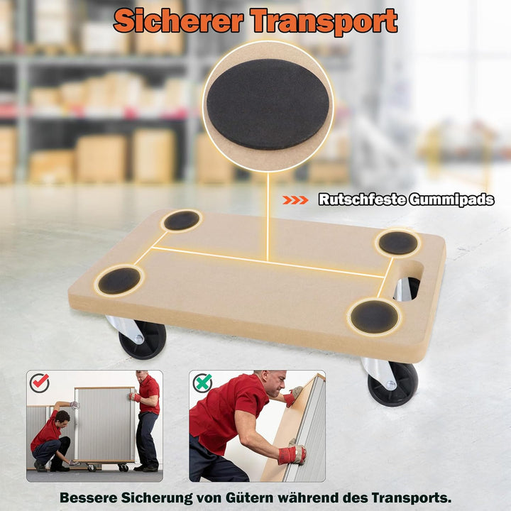 Froadp 4 Stück Transportroller Rollbrett 580 x 290 x 108 mm Möbelroller Rollbretter inkl. Gummipads