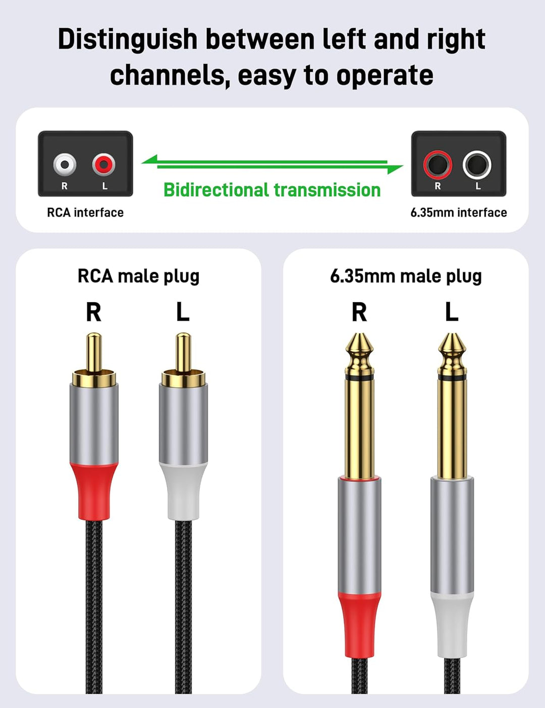 RCA zu 6,35mm Kabel, 5 m, robustes 6,35mm Stecker zu RCA Stecker Adapter Stereo Audio-Verbindungskab