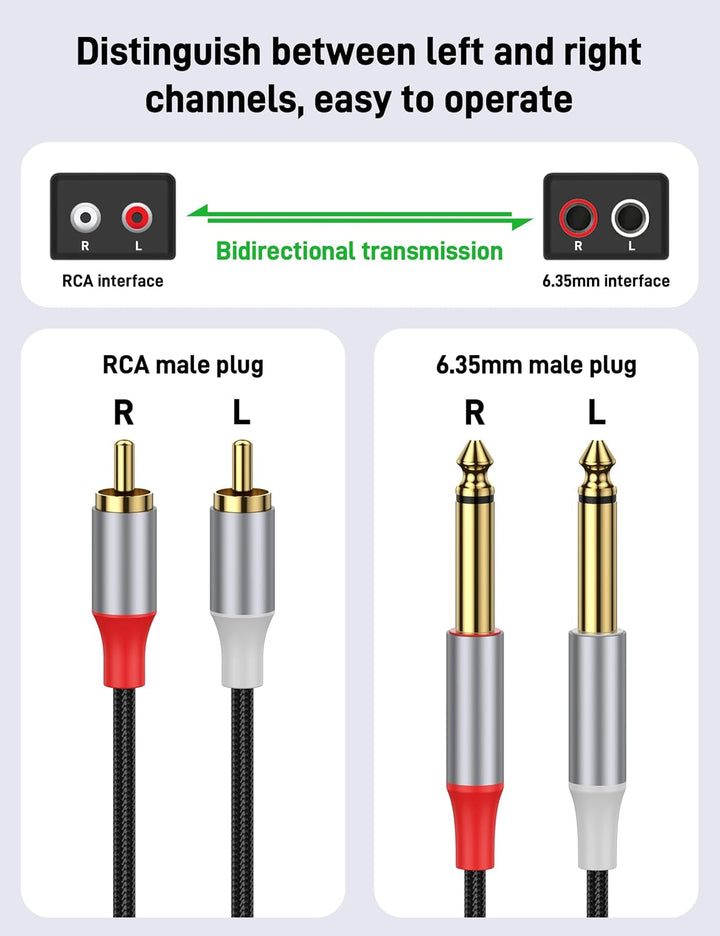 RCA zu 6,35mm Kabel, 5 m, robustes 6,35mm Stecker zu RCA Stecker Adapter Stereo Audio-Verbindungskab