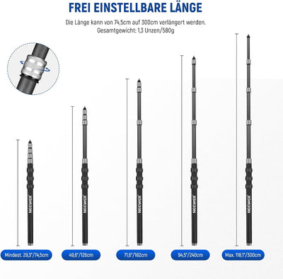 NEEWER Verbesserte Mikrofon Galgenstange, 300cm Teleskop Kohlefaser Mikrofonarm mit 5 Abschnitten, 1