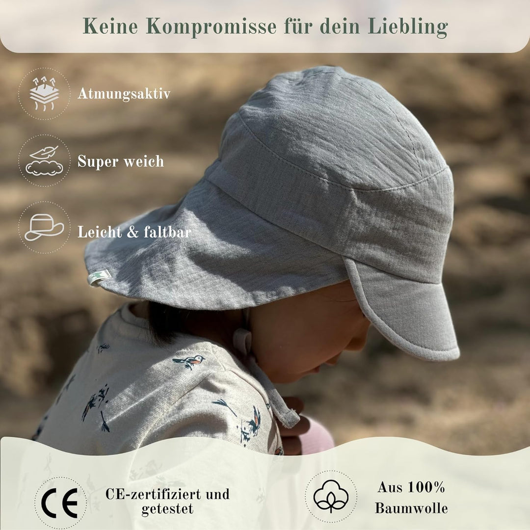 Musselin Schirmütze Sonnenhut mit Nacken- und Ohrenschutz UV-Schutz (UPF 50+) für Babys und Kinder -