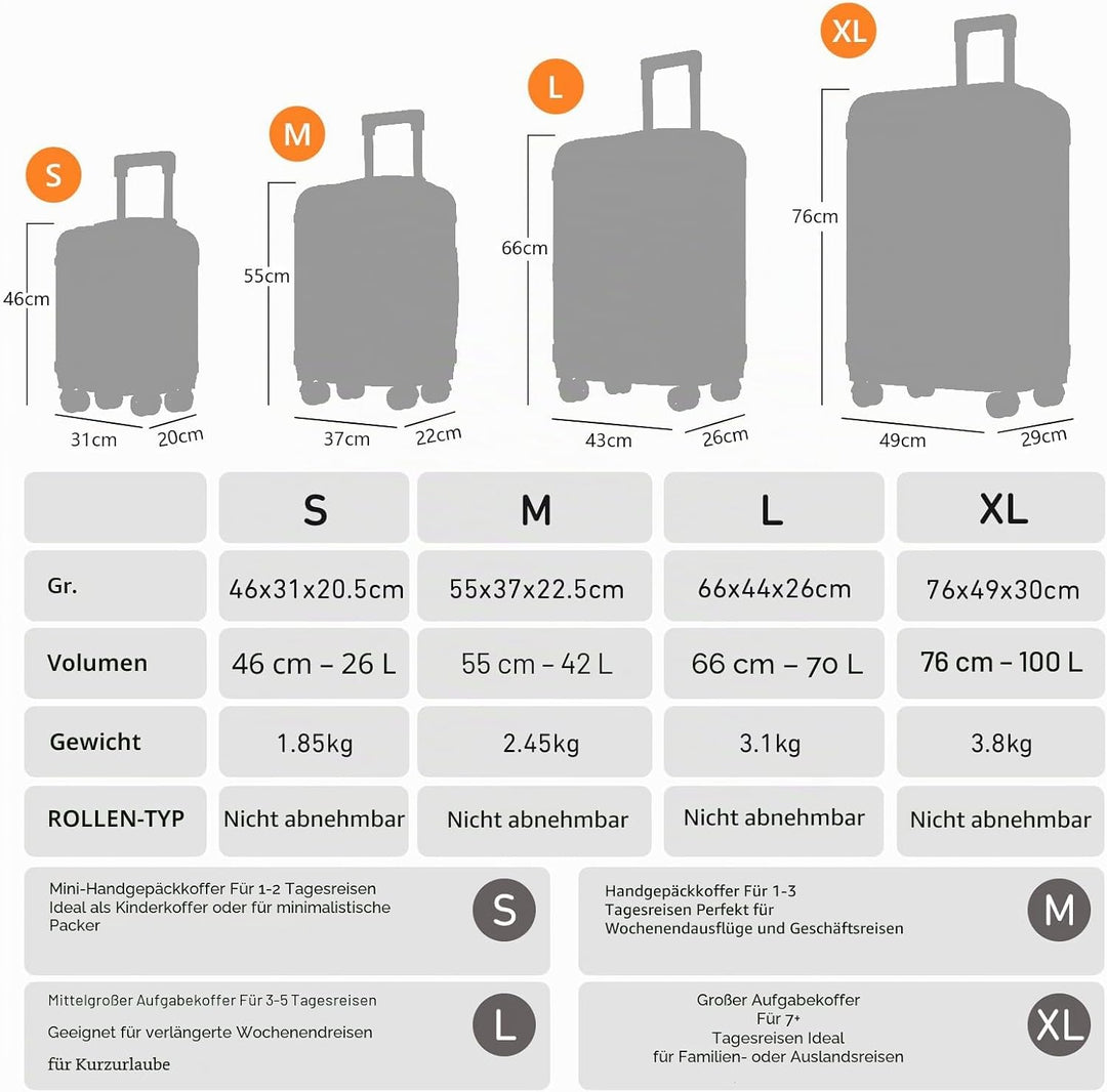 Gepäck Suitcase Reisekoffer, Trolley Rollkoffer Handgepäck, Hartschalenreisekoffer mit 360° Lenkroll