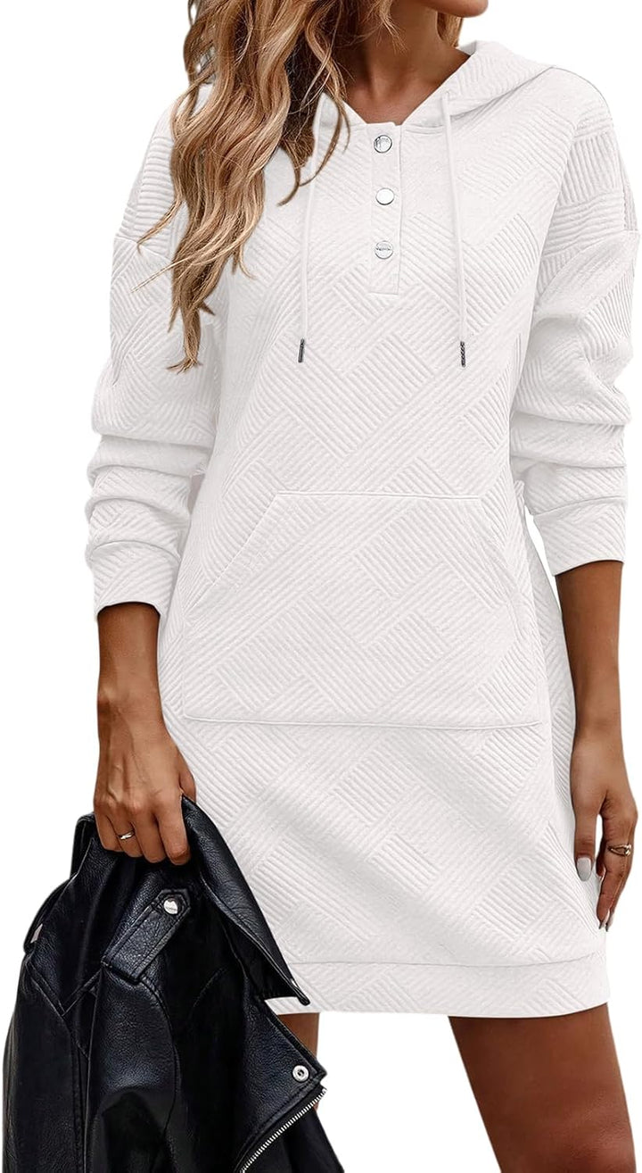 TrendiMax Damen Hoodie Kleid Herbst Übergangs Kapuzenpullover Sweatkleid Textur Knopf Langarm Sweats