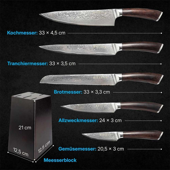 BEM Saiko 6-tlg. Damastmesser Japanisches Messerset VG-10 Stahl Messerblock | Damast Knife Set mit D