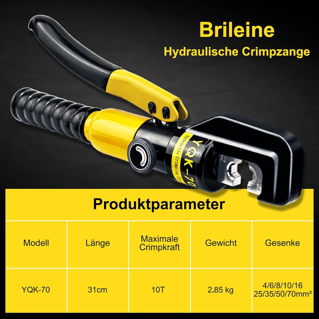 Brileine Hydraulische Crimpzange 4–70 mm² – Batteriekabelschuh Crimpzange mit 9 Crimpbacken für Kupf