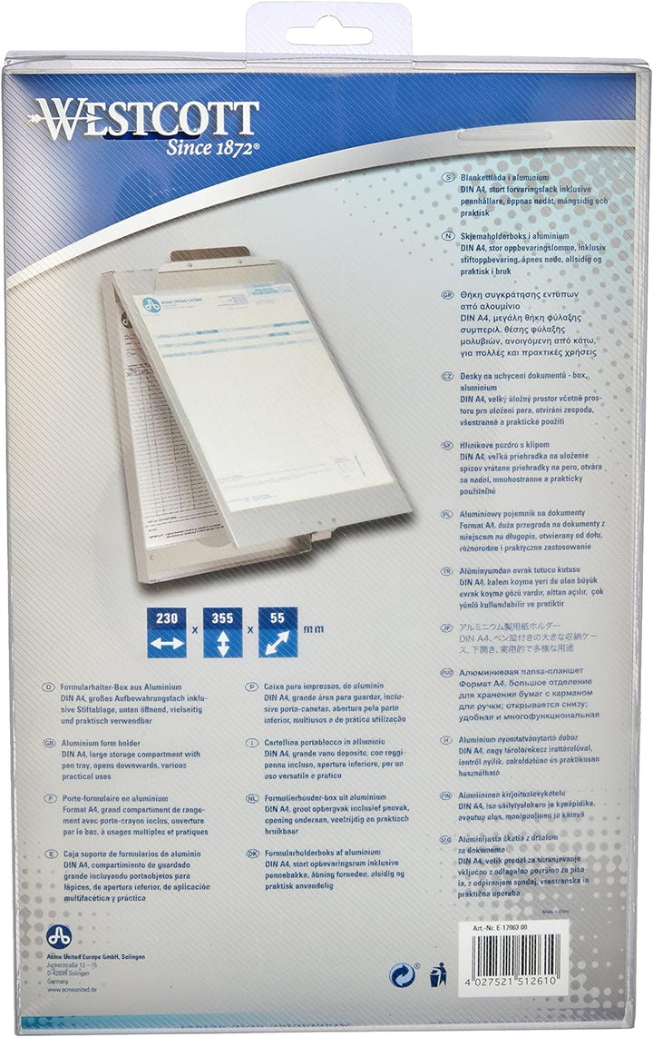 Westcott E-17003 00 Formularhalter-Box aus Aluminium, DIN A4, Grosses Aufbewahrungsfach, Unten öffne